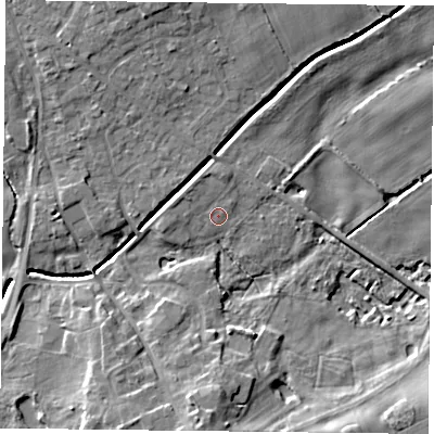 Shaded relief map of the ground around YO196LU, computed from Environment Agency LiDAR. The ground here sits at about 7 m above sea level and falls 11 m across the surrounding 800 m. Surface water reaching this point runs off ground lying to the west-north-west, 1.4 m higher.