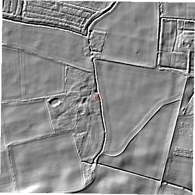 Shaded relief map of the ground around YO196LW, computed from Environment Agency LiDAR. The ground here sits at about 8 m above sea level and falls 5 m across the surrounding 800 m. Surface water reaching this point runs off ground lying to the south, 2.5 m higher.