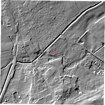 Shaded relief map of the ground around YO196LX, computed from Environment Agency LiDAR. The ground here sits at about 7 m above sea level and falls 12 m across the surrounding 800 m. Surface water reaching this point runs off ground lying to the west, 1.2 m higher.