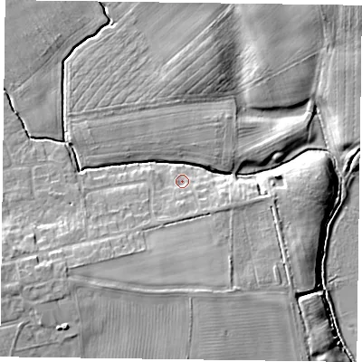 Shaded relief map of the ground around YO196NB, computed from Environment Agency LiDAR. The ground here sits at about 8 m above sea level and falls 10 m across the surrounding 800 m. Surface water reaching this point runs off ground lying to the south-east, 3.1 m higher.