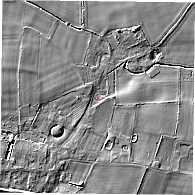 Shaded relief map of the ground around YO196NH, computed from Environment Agency LiDAR. The ground here sits at about 7 m above sea level and falls 5 m across the surrounding 800 m. Surface water reaching this point runs off ground lying to the west-south-west, 3.2 m higher.