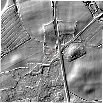 Shaded relief map of the ground around YO196NN, computed from Environment Agency LiDAR. The ground here sits at about 6 m above sea level and falls 8 m across the surrounding 800 m. Surface water reaching this point runs off ground lying to the north-east, 2.1 m higher.
