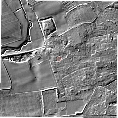 Shaded relief map of the ground around YO196NS, computed from Environment Agency LiDAR. The ground here sits at about 7 m above sea level and falls 9 m across the surrounding 800 m. Surface water reaching this point runs off ground lying to the east, 3.7 m higher.