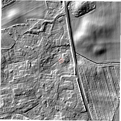 Shaded relief map of the ground around YO196NU, computed from Environment Agency LiDAR. The ground here sits at about 7 m above sea level and falls 8 m across the surrounding 800 m. Surface water reaching this point runs off ground lying to the south-south-east, 5.1 m higher.