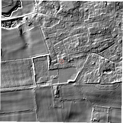 Shaded relief map of the ground around YO196NW, computed from Environment Agency LiDAR. The ground here sits at about 7 m above sea level and falls 10 m across the surrounding 800 m. Surface water reaching this point runs off ground lying to the north-east, 1.4 m higher.