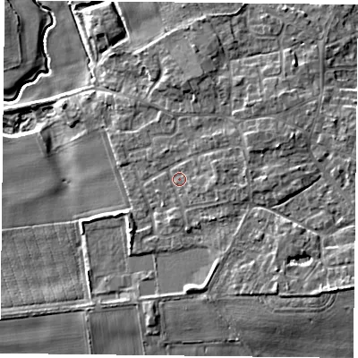 Shaded relief map of the ground around YO196NZ, computed from Environment Agency LiDAR. The ground here sits at about 8 m above sea level and falls 10 m across the surrounding 800 m. Surface water reaching this point runs off ground lying to the east, 2.0 m higher.