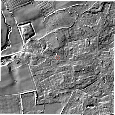 Shaded relief map of the ground around YO196PG, computed from Environment Agency LiDAR. The ground here sits at about 8 m above sea level and falls 9 m across the surrounding 800 m. Surface water reaching this point runs off ground lying to the north, 1.8 m higher.