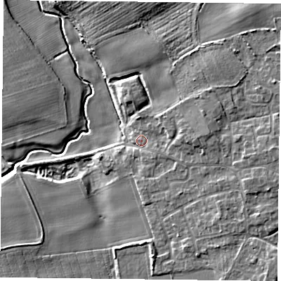 Shaded relief map of the ground around YO196PH, computed from Environment Agency LiDAR. The ground here sits at about 6 m above sea level and falls 8 m across the surrounding 800 m. Surface water reaching this point runs off ground lying to the east, 4.3 m higher.