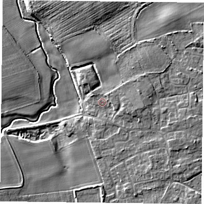 Shaded relief map of the ground around YO196PJ, computed from Environment Agency LiDAR. The ground here sits at about 7 m above sea level and falls 8 m across the surrounding 800 m. Surface water reaching this point runs off ground lying to the east, 2.0 m higher.