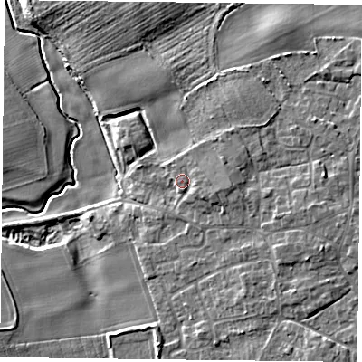 Shaded relief map of the ground around YO196PL, computed from Environment Agency LiDAR. The ground here sits at about 8 m above sea level and falls 8 m across the surrounding 800 m. Surface water reaching this point runs off ground lying to the east-south-east, 1.6 m higher.