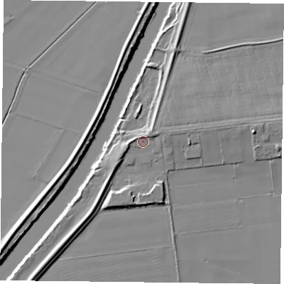 Shaded relief map of the ground around YO196PP, computed from Environment Agency LiDAR. The ground here sits at about 6 m above sea level and falls 8 m across the surrounding 800 m. Surface water reaching this point runs off ground lying to the north-east, 1.9 m higher.