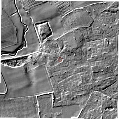 Shaded relief map of the ground around YO196PQ, computed from Environment Agency LiDAR. The ground here sits at about 7 m above sea level and falls 9 m across the surrounding 800 m. Surface water reaching this point runs off ground lying to the east, 3.7 m higher.