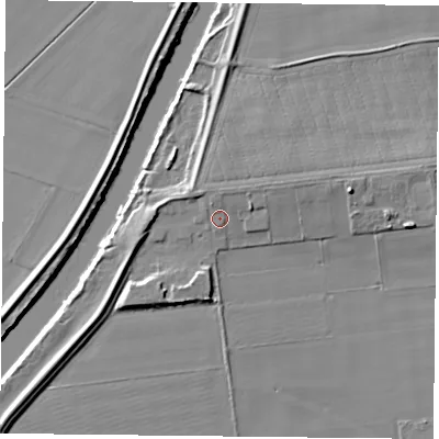 Shaded relief map of the ground around YO196PR, computed from Environment Agency LiDAR. The ground here sits at about 6 m above sea level and falls 8 m across the surrounding 800 m. Surface water reaching this point runs off ground lying to the north, 1.9 m higher.