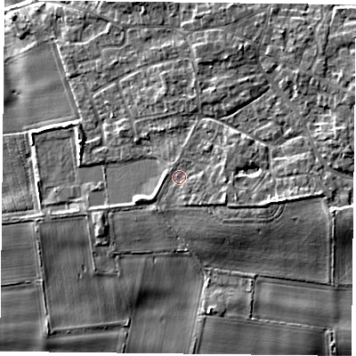Shaded relief map of the ground around YO196PW, computed from Environment Agency LiDAR. The ground here sits at about 9 m above sea level and falls 9 m across the surrounding 800 m. Surface water reaching this point runs off ground lying to the east, 2.2 m higher.
