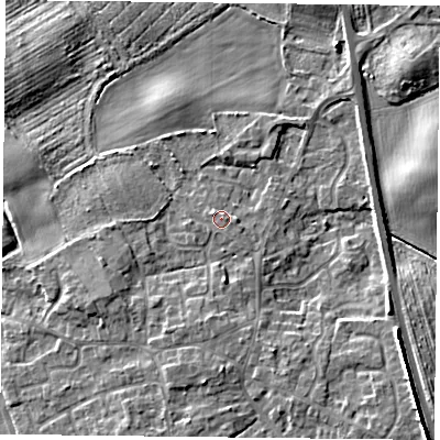 Shaded relief map of the ground around YO196QF, computed from Environment Agency LiDAR. The ground here sits at about 8 m above sea level and falls 8 m across the surrounding 800 m. Surface water reaching this point runs off ground lying to the south-east, 0.9 m higher.