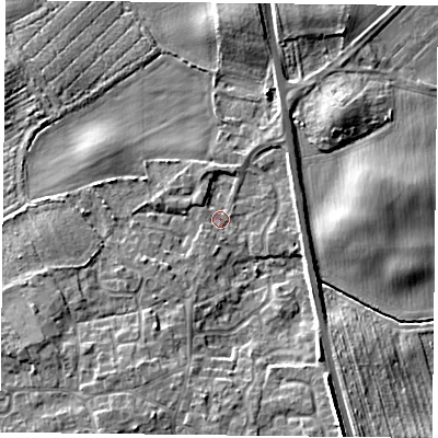 Shaded relief map of the ground around YO196QG, computed from Environment Agency LiDAR. The ground here sits at about 7 m above sea level and falls 7 m across the surrounding 800 m. Surface water reaching this point runs off ground lying to the south-south-east, 6.1 m higher.