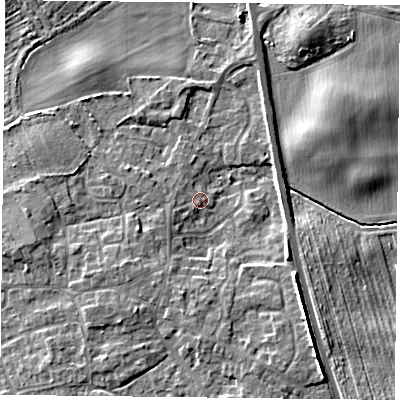 Shaded relief map of the ground around YO196QH, computed from Environment Agency LiDAR. The ground here sits at about 7 m above sea level and falls 8 m across the surrounding 800 m. Surface water reaching this point runs off ground lying to the west-south-west, 1.8 m higher.