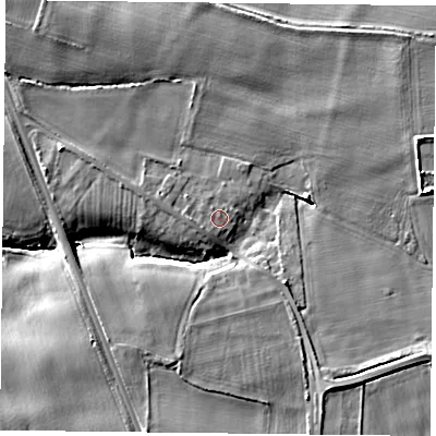 Shaded relief map of the ground around YO196QP, computed from Environment Agency LiDAR. The ground here sits at about 9 m above sea level and falls 10 m across the surrounding 800 m. Surface water reaching this point runs off ground lying to the south-west, 0.6 m higher.