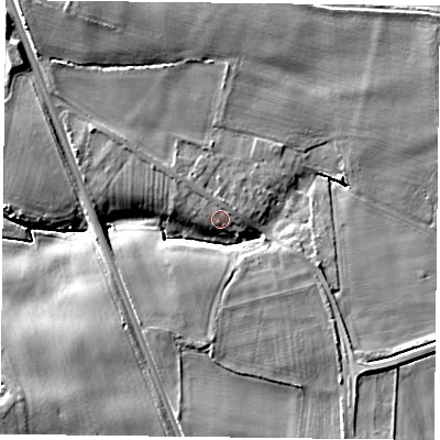 Shaded relief map of the ground around YO196QW, computed from Environment Agency LiDAR. The ground here sits at about 9 m above sea level and falls 9 m across the surrounding 800 m. Surface water reaching this point runs off ground lying to the east-south-east, 6.4 m higher.