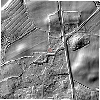 Shaded relief map of the ground around YO196QY, computed from Environment Agency LiDAR. The ground here sits at about 6 m above sea level and falls 8 m across the surrounding 800 m. Surface water reaching this point runs off ground lying to the south-south-east, 4.5 m higher.