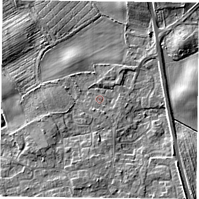 Shaded relief map of the ground around YO196QZ, computed from Environment Agency LiDAR. The ground here sits at about 7 m above sea level and falls 7 m across the surrounding 800 m. Surface water reaching this point runs off ground lying to the south-south-west, 1.6 m higher.