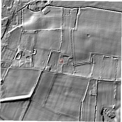 Shaded relief map of the ground around YO196RE, computed from Environment Agency LiDAR. The ground here sits at about 7 m above sea level and falls 5 m across the surrounding 800 m. Surface water reaching this point runs off ground lying to the north-west, 1.3 m higher.
