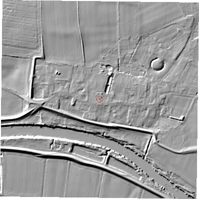Shaded relief map of the ground around YO196RG, computed from Environment Agency LiDAR. The ground here sits at about 8 m above sea level and falls 8 m across the surrounding 800 m. Surface water reaching this point runs off ground lying to the north-north-east, 0.7 m higher.