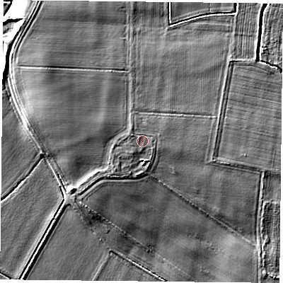 Shaded relief map of the ground around YO196RH, computed from Environment Agency LiDAR. The ground here sits at about 9 m above sea level and falls 7 m across the surrounding 800 m. Surface water reaching this point runs off ground lying to the east, 0.5 m higher.