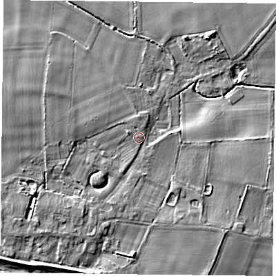 Shaded relief map of the ground around YO196RJ, computed from Environment Agency LiDAR. The ground here sits at about 8 m above sea level and falls 5 m across the surrounding 800 m. Surface water reaching this point runs off ground lying to the west-south-west, 3.2 m higher.
