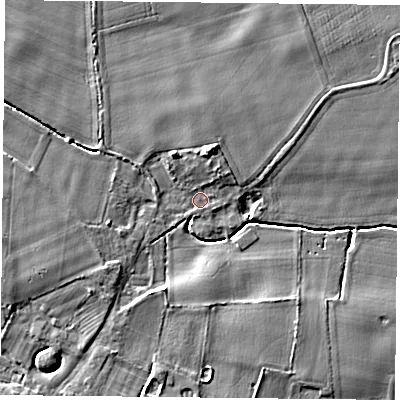 Shaded relief map of the ground around YO196RL, computed from Environment Agency LiDAR. The ground here sits at about 7 m above sea level and falls 5 m across the surrounding 800 m. Surface water reaching this point runs off ground lying to the north, 3.2 m higher.