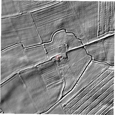 Shaded relief map of the ground around YO196RN, computed from Environment Agency LiDAR. The ground here sits at about 7 m above sea level and falls 4 m across the surrounding 800 m. Surface water reaching this point runs off ground lying to the west-south-west, 0.9 m higher.