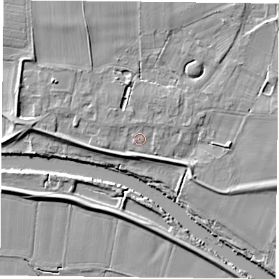 Shaded relief map of the ground around YO196RQ, computed from Environment Agency LiDAR. The ground here sits at about 7 m above sea level and falls 8 m across the surrounding 800 m. Surface water reaching this point runs off ground lying to the north, 1.4 m higher.