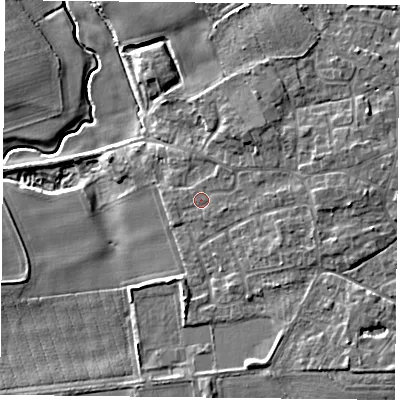 Shaded relief map of the ground around YO196RR, computed from Environment Agency LiDAR. The ground here sits at about 7 m above sea level and falls 9 m across the surrounding 800 m. Surface water reaching this point runs off ground lying to the east, 3.3 m higher.