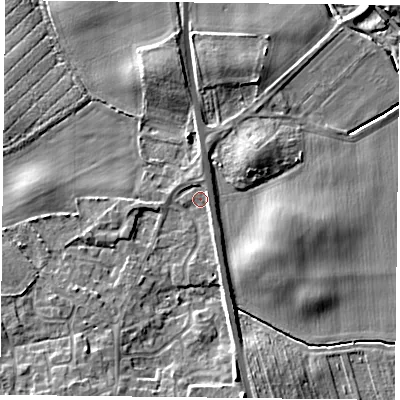 Shaded relief map of the ground around YO196RS, computed from Environment Agency LiDAR. The ground here sits at about 6 m above sea level and falls 10 m across the surrounding 800 m. Surface water reaching this point runs off ground lying to the south-south-east, 4.9 m higher.