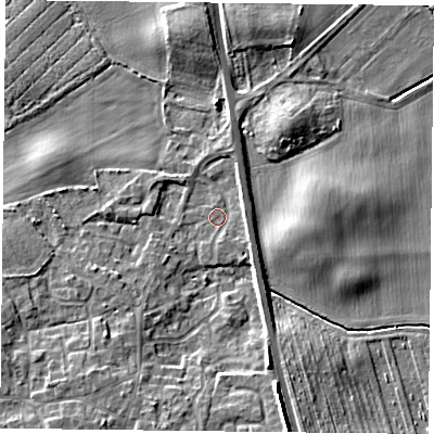 Shaded relief map of the ground around YO196RT, computed from Environment Agency LiDAR. The ground here sits at about 6 m above sea level and falls 9 m across the surrounding 800 m. Surface water reaching this point runs off ground lying to the south-south-east, 6.1 m higher.