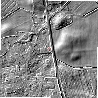 Shaded relief map of the ground around YO196RU, computed from Environment Agency LiDAR. The ground here sits at about 7 m above sea level and falls 9 m across the surrounding 800 m. Surface water reaching this point runs off ground lying to the south-east, 1.6 m higher.