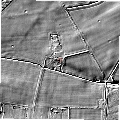 Shaded relief map of the ground around YO196RW, computed from Environment Agency LiDAR. The ground here sits at about 7 m above sea level and falls 6 m across the surrounding 800 m. Surface water reaching this point runs off ground lying to the east-north-east, 0.9 m higher.