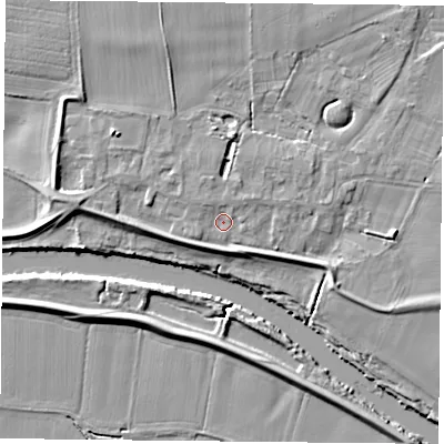 Shaded relief map of the ground around YO196RX, computed from Environment Agency LiDAR. The ground here sits at about 7 m above sea level and falls 8 m across the surrounding 800 m. Surface water reaching this point runs off ground lying to the north-north-west, 1.7 m higher.