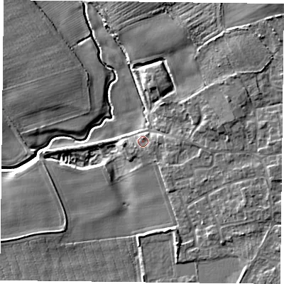 Shaded relief map of the ground around YO196RZ, computed from Environment Agency LiDAR. The ground here sits at about 6 m above sea level and falls 8 m across the surrounding 800 m. Surface water reaching this point runs off ground lying to the east, 2.7 m higher.