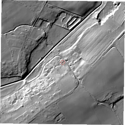Shaded relief map of the ground around YO196SE, computed from Environment Agency LiDAR. The ground here sits at about 9 m above sea level and falls 17 m across the surrounding 800 m. Surface water reaching this point runs off ground lying to the south, 12.3 m higher.