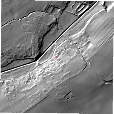 Shaded relief map of the ground around YO196SF, computed from Environment Agency LiDAR. The ground here sits at about 8 m above sea level and falls 17 m across the surrounding 800 m. Surface water reaching this point runs off ground lying to the south-south-east, 11.5 m higher.