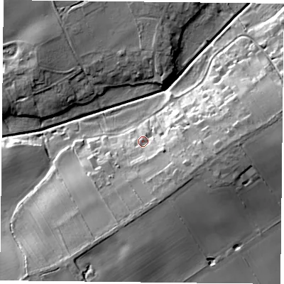 Shaded relief map of the ground around YO196SG, computed from Environment Agency LiDAR. The ground here sits at about 9 m above sea level and falls 17 m across the surrounding 800 m. Surface water reaching this point runs off ground lying to the east, 11.0 m higher.