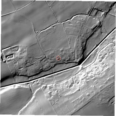 Shaded relief map of the ground around YO196SH, computed from Environment Agency LiDAR. The ground here sits at about 7 m above sea level and falls 17 m across the surrounding 800 m. Surface water reaching this point runs off ground lying to the north-west, 3.3 m higher.