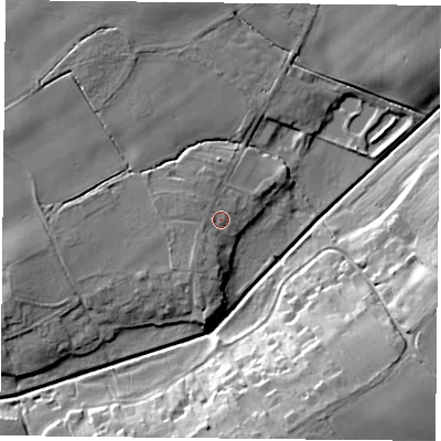 Shaded relief map of the ground around YO196SJ, computed from Environment Agency LiDAR. The ground here sits at about 8 m above sea level and falls 17 m across the surrounding 800 m. Surface water reaching this point runs off ground lying to the west-north-west, 2.1 m higher.