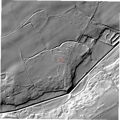 Shaded relief map of the ground around YO196SL, computed from Environment Agency LiDAR. The ground here sits at about 9 m above sea level and falls 17 m across the surrounding 800 m. The ground contributing surface water to this point lies to the west-north-west.