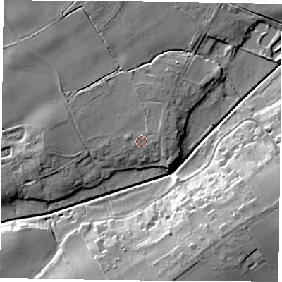 Shaded relief map of the ground around YO196SN, computed from Environment Agency LiDAR. The ground here sits at about 8 m above sea level and falls 17 m across the surrounding 800 m. Surface water reaching this point runs off ground lying to the north-east, 1.1 m higher.