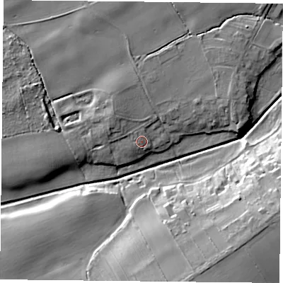 Shaded relief map of the ground around YO196SQ, computed from Environment Agency LiDAR. The ground here sits at about 8 m above sea level and falls 16 m across the surrounding 800 m. Surface water reaching this point runs off ground lying to the west, 1.5 m higher.