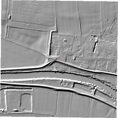 Shaded relief map of the ground around YO196SR, computed from Environment Agency LiDAR. The ground here sits at about 7 m above sea level and falls 8 m across the surrounding 800 m. Surface water reaching this point runs off ground lying to the north-north-east, 4.2 m higher.