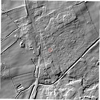 Shaded relief map of the ground around YO196ST, computed from Environment Agency LiDAR. The ground here sits at about 8 m above sea level and falls 8 m across the surrounding 800 m. Surface water reaching this point runs off ground lying to the north-north-west, 3.9 m higher.