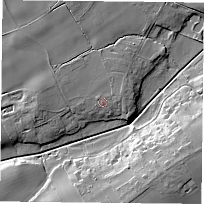Shaded relief map of the ground around YO196SU, computed from Environment Agency LiDAR. The ground here sits at about 8 m above sea level and falls 17 m across the surrounding 800 m. Surface water reaching this point runs off ground lying to the north-west, 1.0 m higher.